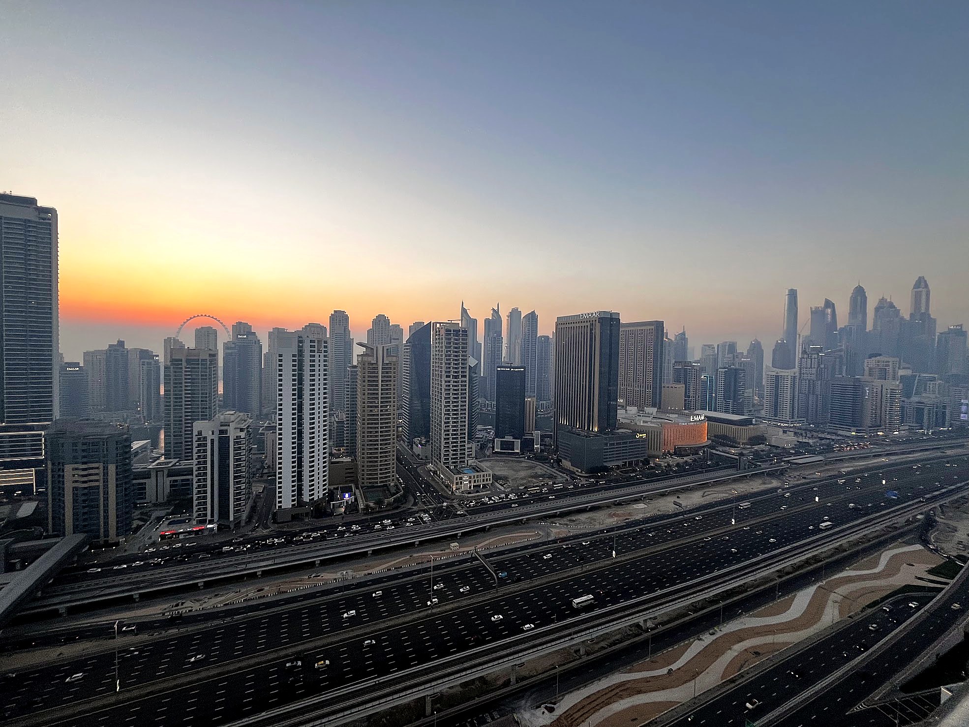 Dubai Marina skyline over Sheikh Zayed Road at sunset